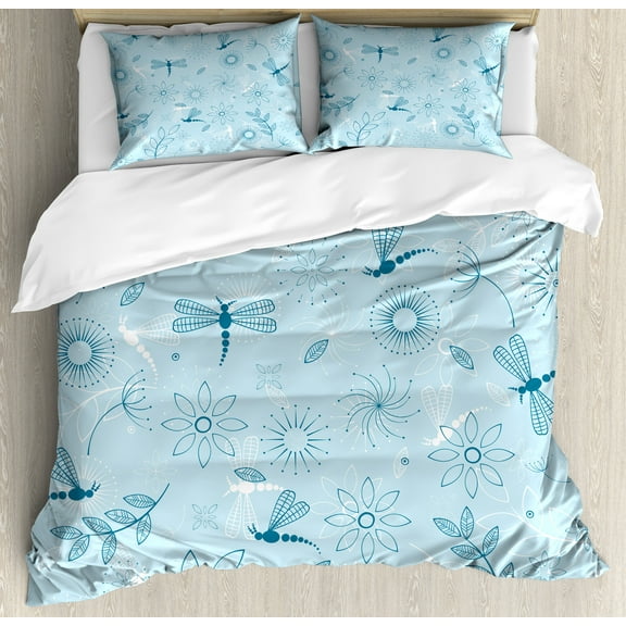 Dragonfly Duvet Cover Set, Bugs Leaves Branches Flowers Dandelions Abstract Art Print, Decorative 3 Piece Bedding Set with 2 Pillow Shams, King Size, Seafoam Blue and White, by Ambesonne
