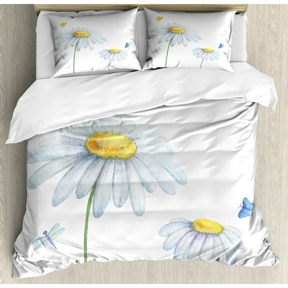 Dragonfly Duvet Cover Set, Chamomiles Moths Dragonflies Refreshing Nature Template Soft Colors Art, Decorative 3 Piece Bedding Set with 2 Pillow Shams, Queen Size, Yellow White, by Ambesonne