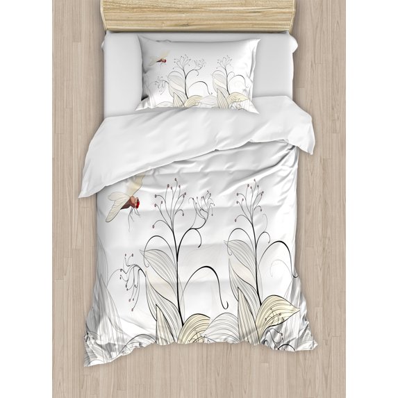 Dragonfly Duvet Cover Set, Curled Nature Branches Leaves Lake Coast Abstract Floral Shabby Form Pattern, Decorative 2 Piece Bedding Set with 1 Pillow Shams, Twin Size, Cream Pearl, by Ambesonne