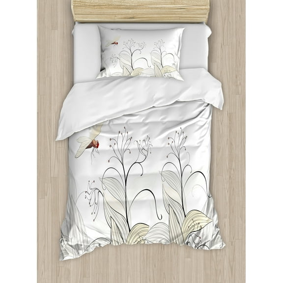 Dragonfly Duvet Cover Set, Curled Nature Branches Leaves Lake Coast Abstract Floral Shabby Form Pattern, Decorative 2 Piece Bedding Set with 1 Pillow Shams, Twin Size, Cream Pearl, by Ambesonne