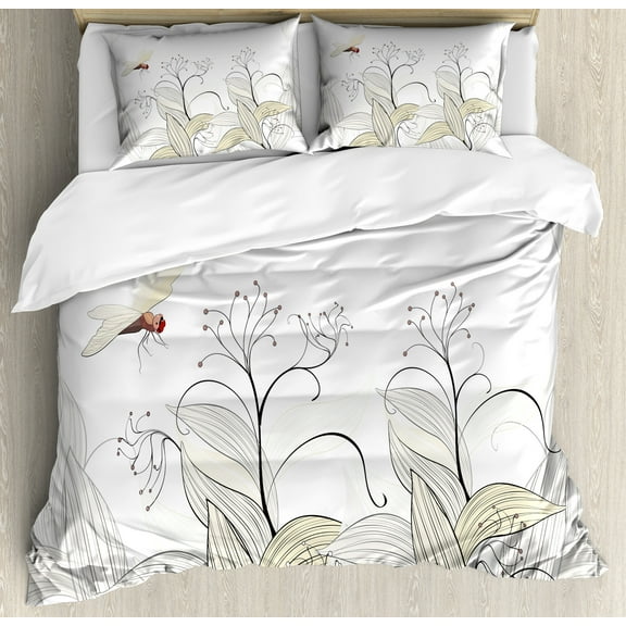 Dragonfly Duvet Cover Set, Curled Nature Branches Leaves Lake Coast Abstract Floral Shabby Form Pattern, Decorative 3 Piece Bedding Set with 2 Pillow Shams, Calking Size, Cream Pearl, by Ambesonne