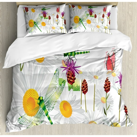 Dragonfly Duvet Cover Set, Daisy Flower Field with Chamomile and Butterflies Grassland Nature Design, Decorative 3 Piece Bedding Set with 2 Pillow Shams, Queen Size, Fern Green White, by Ambesonne
