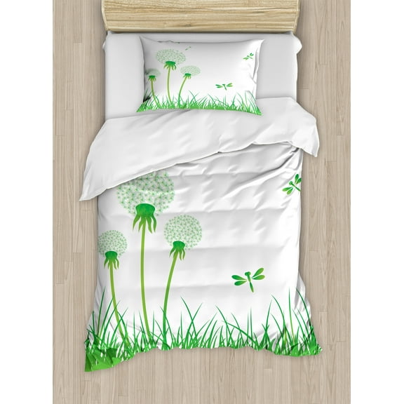 Dragonfly Duvet Cover Set, Ecology Background with Dandelions Greenland Grass Habitat Nature Print, Decorative 2 Piece Bedding Set with 1 Pillow Shams, Twin Size, Lime Green White, by Ambesonne