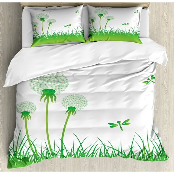 Dragonfly Duvet Cover Set, Ecology Background with Dandelions Greenland Grass Habitat Nature Print, Decorative 3 Piece Bedding Set with 2 Pillow Shams, Calking Size, Lime Green White, by Ambesonne