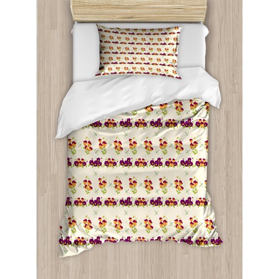 Dragonfly Duvet Cover Set, Floral Illustration Pansy Flowers in Purple Pale Maroon and Pale Orange, Decorative 2 Piece Bedding Set with 1 Pillow Shams, Twin Size, Eggshell Multicolor, by Ambesonne