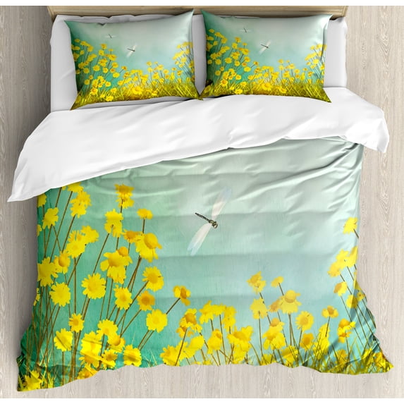 Dragonfly Duvet Cover Set, Flourishing Landscape with Daisies on Grass and Dragonflies in the Air, Decorative 3 Piece Bedding Set with 2 Pillow Shams, King Size, Green Yellow, by Ambesonne