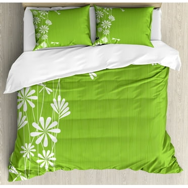 Dragonfly Duvet Cover Set, Flower Petals Spring Motif Growth Nature Seasonal Graphic Art, Decorative 3 Piece Bedding Set with 2 Pillow Shams, Calking Size, Lime Green White, by Ambesonne