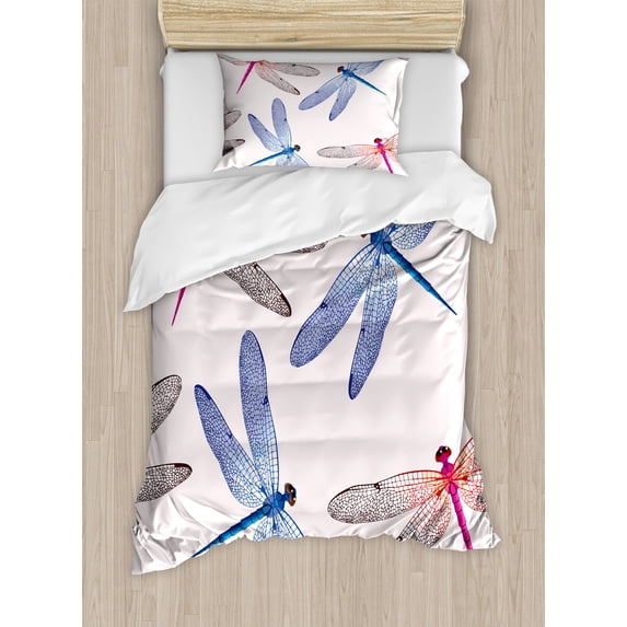 Dragonfly Duvet Cover Set, Dragonfly Forms High Detailed Ornate Irregular Macro Retro Simplistic Print, Decorative 2 Piece Bedding Set with 1 Pillow Shams, Twin Size, Pink Blue, by Ambesonne