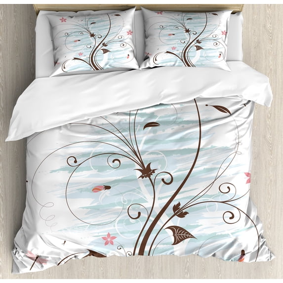 Dragonfly Duvet Cover Set, Grunge Paint Flower Swirled Branches Buds Abstract Spring Nature Image, Decorative 3 Piece Bedding Set with 2 Pillow Shams, Queen Size, Pale Pink Brown Mint, by Ambesonne