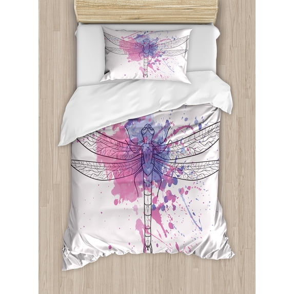 Dragonfly Duvet Cover Set, Grunge Street Art Watercolor Moth Bug in Pink Rainbow Tones Art, Decorative 2 Piece Bedding Set with 1 Pillow Shams, Twin Size, Black White and Purple, by Ambesonne