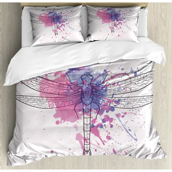 Dragonfly Duvet Cover Set, Grunge Street Art Watercolor Moth Bug in Pink Rainbow Tones Art, Decorative 3 Piece Bedding Set with 2 Pillow Shams, Queen Size, Black White and Purple, by Ambesonne