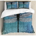 thumbnail image 1 of Dragonfly Duvet Cover Set, Grunge Vintage Old Backdrop and Dragonfly Bug Ombre Image, Decorative 3 Piece Bedding Set with 2 Pillow Shams, Queen Size, Blue Turquoise, by Ambesonne, 1 of 3