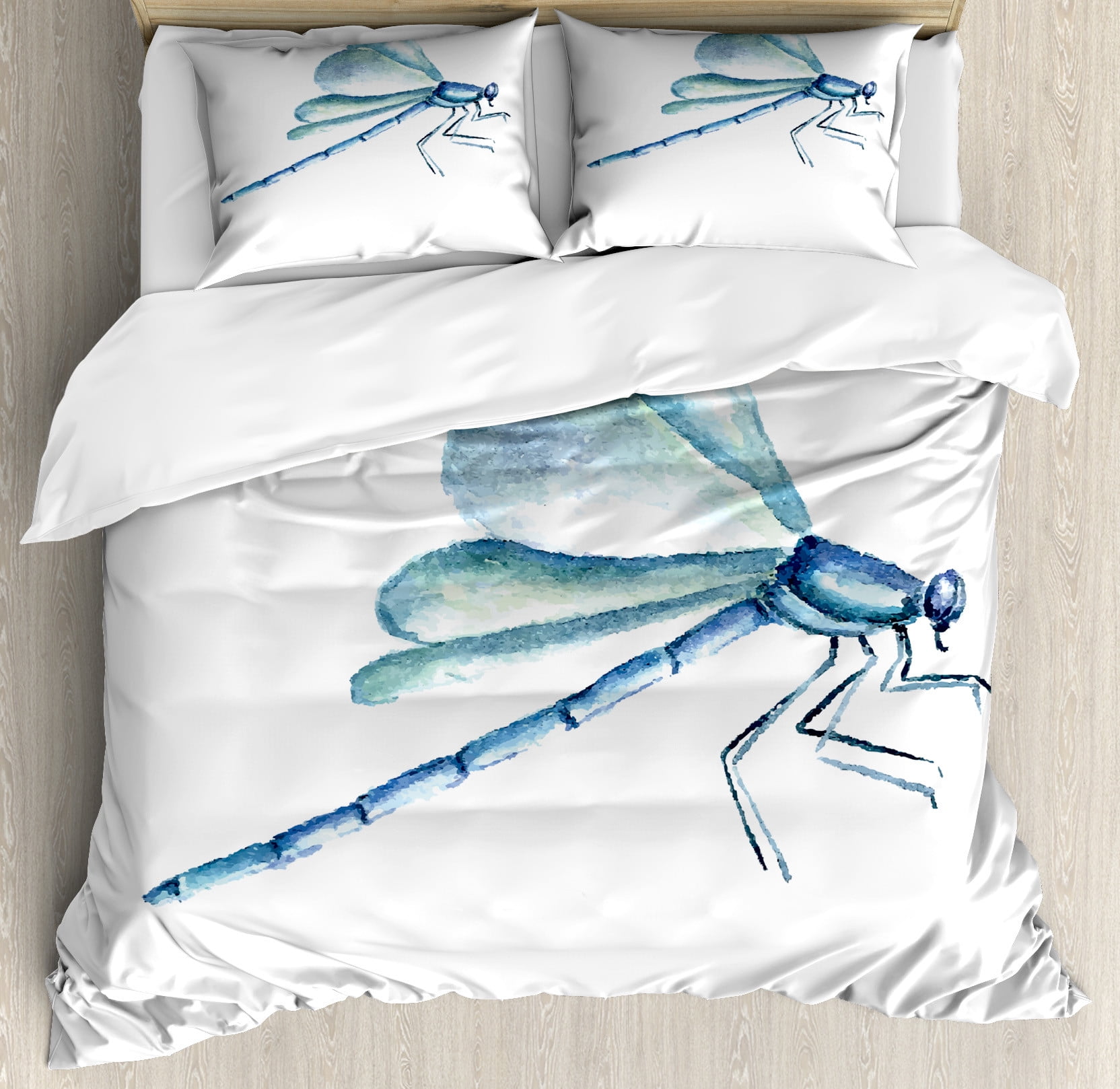 Dragonfly Duvet Cover Set, Hand Drawn Watercolor Dragonfly with Grunge