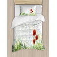 thumbnail image 1 of Dragonfly Duvet Cover Set, Illustration of Meadow Field a Single Fleur-de-lis on Distressed Grunge Background, Decorative 2 Piece Bedding Set with 1 Pillow Shams, Twin Size, Green Red, by Ambesonne, 1 of 3
