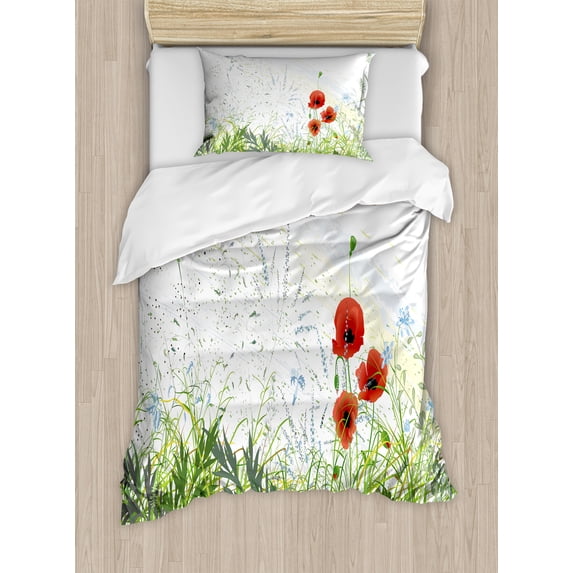 Dragonfly Duvet Cover Set, Illustration of Meadow Field a Single Fleur-de-lis on Distressed Grunge Background, Decorative 2 Piece Bedding Set with 1 Pillow Shams, Twin Size, Green Red, by Ambesonne