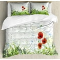 thumbnail image 1 of Dragonfly Duvet Cover Set, Illustration of Meadow Field a Single Fleur-de-lis on Distressed Grunge Background, Decorative 3 Piece Bedding Set with 2 Pillow Shams, Queen Size, Green Red, by Ambesonne, 1 of 3