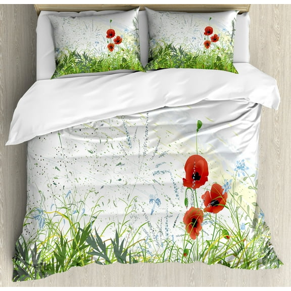 Dragonfly Duvet Cover Set, Illustration of Meadow Field a Single Fleur-de-lis on Distressed Grunge Background, Decorative 3 Piece Bedding Set with 2 Pillow Shams, Queen Size, Green Red, by Ambesonne