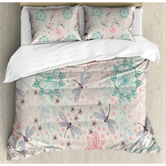 Dragonfly Duvet Cover Set King Size, Pink Backdrop Image with Ethnic Bohemic Flowers Leaves Flying Birds Like Bugs, Decorative 3 Piece Bedding Set with 2 Pillow Shams, Multicolor, by Ambesonne