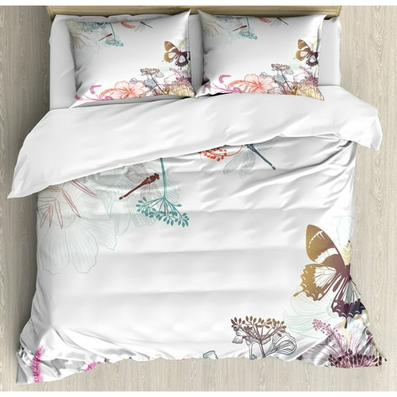 Dragonfly Duvet Cover Set King Size, Wildflowers Hibiscus Blooms Herbs Fern Artistic Antique Botanical Theme Design, Decorative 3 Piece Bedding Set with 2 Pillow Shams, Multicolor, by Ambesonne