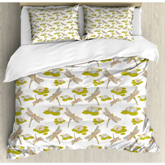 Dragonfly Duvet Cover Set, Lotus Flower with Symbolic Yoga Themed Nature Theme Print, Decorative 3 Piece Bedding Set with 2 Pillow Shams, Calking Size, Apple Green and Cream, by Ambesonne