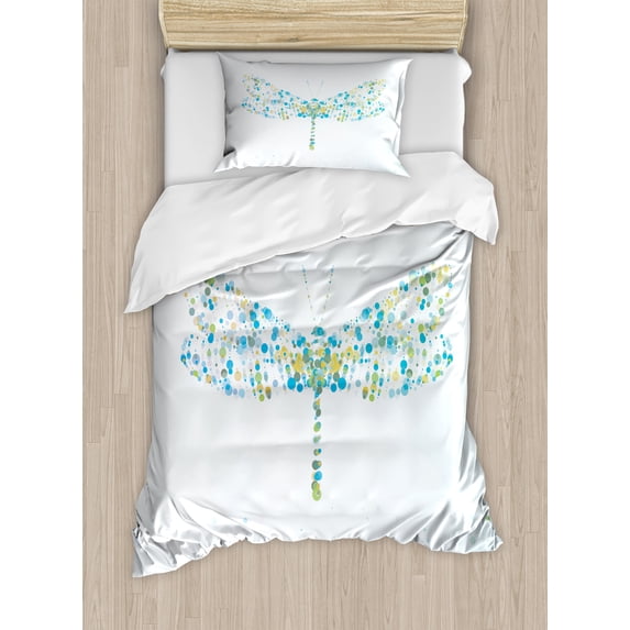 Dragonfly Duvet Cover Set, Macro Futuristic Digital Winged Bug Made Spots and Dots Insect, Decorative 2 Piece Bedding Set with 1 Pillow Shams, Twin Size, Blue Green, by Ambesonne