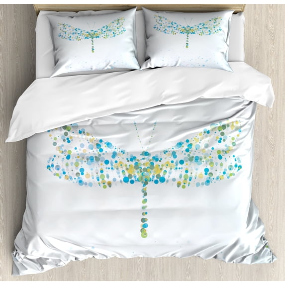 Dragonfly Duvet Cover Set, Macro Futuristic Digital Winged Bug Made Spots and Dots Insect, Decorative 3 Piece Bedding Set with 2 Pillow Shams, King Size, Blue Green, by Ambesonne