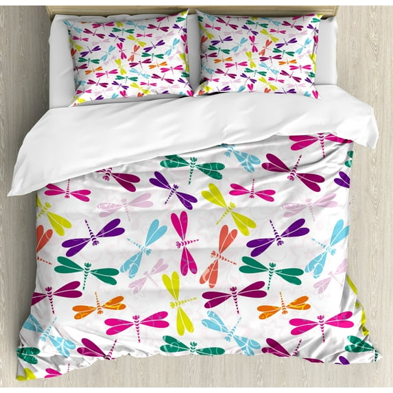 Dragonfly Duvet Cover Set, Playroom Birthday Bunch of Winged Animals Floral Pattern, Decorative 3 Piece Bedding Set with 2 Pillow Shams, Queen Size, Multicolor, by Ambesonne