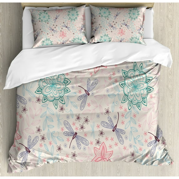 Dragonfly Duvet Cover Set Queen Size, Pink Backdrop Image with Ethnic Bohemic Flowers Leaves Flying Birds Like Bugs, Decorative 3 Piece Bedding Set with 2 Pillow Shams, Multicolor, by Ambesonne
