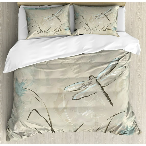 Dragonfly Duvet Cover Set, Romantic Vintage Sketch in Pastel Grass Birthday Grunge Grass Botany Artwork, Decorative 3 Piece Bedding Set with 2 Pillow Shams, California King, Seafoam Tan, by Ambesonne
