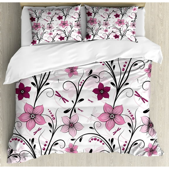 Dragonfly Duvet Cover Set, Shabby Form Floral Swirled Leaves and Florets Illustration, Decorative 3 Piece Bedding Set with 2 Pillow Shams, Queen Size, Pale Pink Dried Rose, by Ambesonne