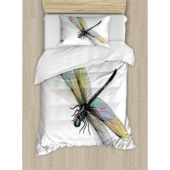 Dragonfly Duvet Cover Set, Shady Dragonfly Pattern with Ornate Lace Style Spiritual Beauty Wings Design, Decorative Bedding Set with Pillow Shams, Multicolor, by Ambesonne
