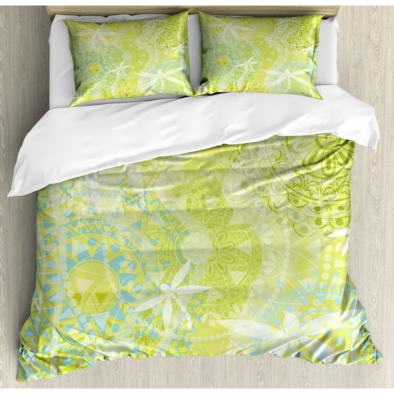 Dragonfly Duvet Cover Set, Dragonfly Silhouettes over Round Mandala Circles Oriental Inspired Print, Decorative 3 Piece Bedding Set with 2 Pillow Shams, Queen Size, Green White, by Ambesonne