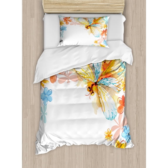 Dragonfly Duvet Cover Set Twin Size, Abstract Grunge Vintage Design Moth with Spring Flowers Floral Frame Art Print, Decorative 2 Piece Bedding Set with 1 Pillow Sham, Multicolor, by Ambesonne