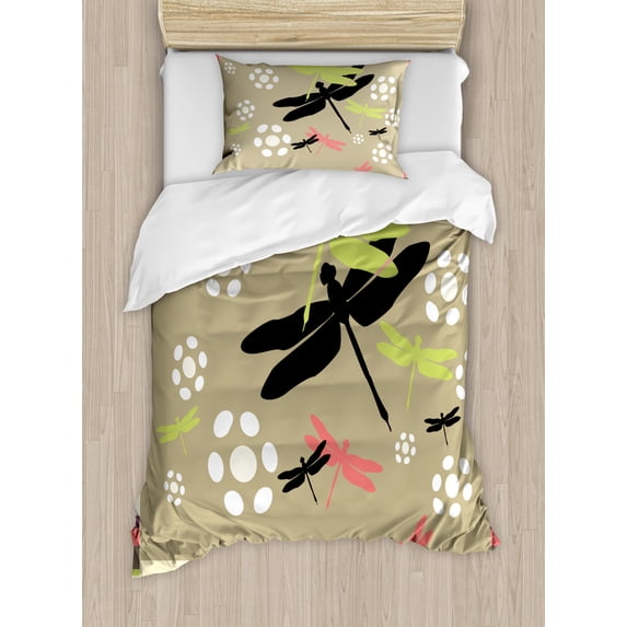 Dragonfly Duvet Cover Set Twin Size, Cute Floral Pattern with Abstract Daisies Nature Wildlife Inspired Colorful Print, Decorative 2 Piece Bedding Set with 1 Pillow Sham, Multicolor, by Ambesonne