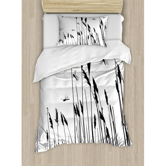 Dragonfly Duvet Cover Set Twin Size, Wheat Field Autumn Agriculture Background Nature Harvest Bush Herbs Theme Art, Decorative 2 Piece Bedding Set with 1 Pillow Sham, Black White, by Ambesonne