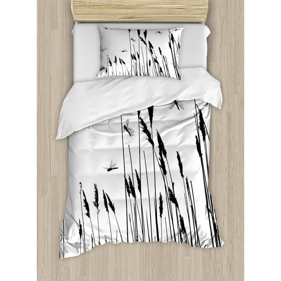 Dragonfly Duvet Cover Set Twin Size, Wheat Field Autumn Agriculture Background Nature Harvest Bush Herbs Theme Art, Decorative 2 Piece Bedding Set with 1 Pillow Sham, Black White, by Ambesonne