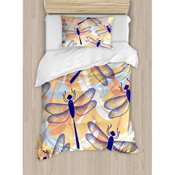Dragonfly Duvet Cover Set, Uneven Big Repetitive Winged Bug 2 Pairs of Patched Wings Flying Orange Blobs, Decorative 2 Piece Bedding Set with 1 Pillow Shams, Twin Size, Multicolor, by Ambesonne