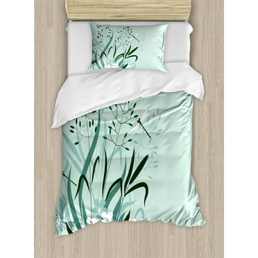 Dragonfly Duvet Cover Set, Wild Grass and Dragonflies in Exquisitely Growing Lawn Herb Bush Rural Pattern, Decorative 2 Piece Bedding Set with 1 Pillow Shams, Twin Size, Pale Green, by Ambesonne