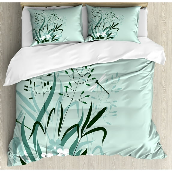 Dragonfly Duvet Cover Set, Wild Grass and Dragonflies in Exquisitely Growing Lawn Herb Bush Rural Pattern, Decorative 3 Piece Bedding Set with 2 Pillow Shams, Calking Size, Pale Green, by Ambesonne
