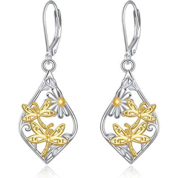 Dragonfly Earrings Sterling Silver Daisy Dragonfly Drop Dangle Earrings Leverback Teardrop Jewelry Gifts for Women