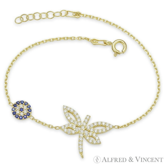 Dragonfly & Evil Eye Nazar Charm Bracelet with CZ Crystals in .925 Sterling Silver