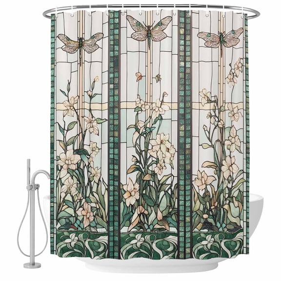 Dragonfly Fabric Shower Curtain Retro Green Leaves Floral Washable Shower Curtains for Bathroom, Waterproof Bath Curtain with Hooks Home Decor 36x72in