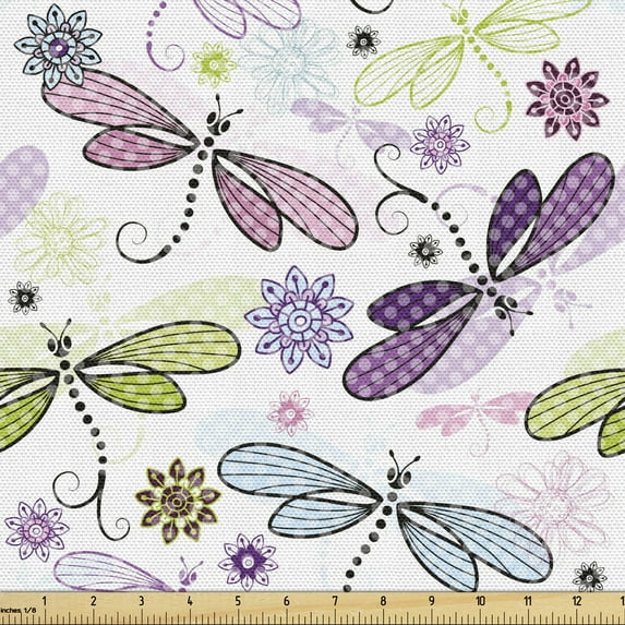 Ambesonne Abstract Fabric by the Yard Upholstery, Dragonflies Flowers, 1 Yard, Pale Blue Purple