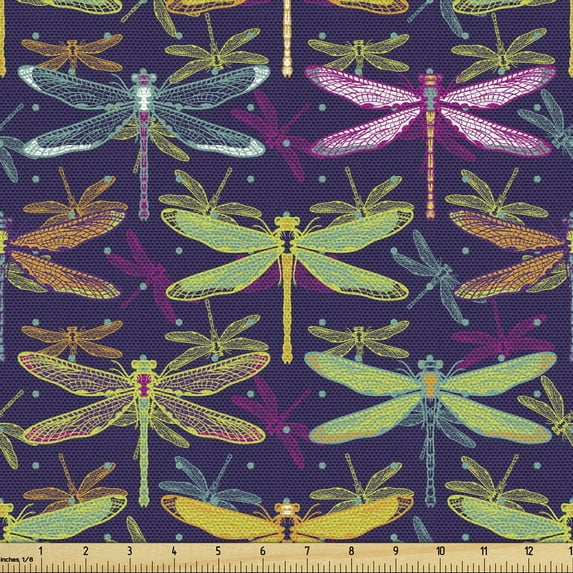 Ambesonne Dragonfly Fabric by the Yard Upholstery, Colorful Spring Insects, 3 Yards, Purple and Yellow Green