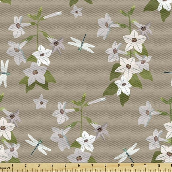 Dragonfly Fabric by the Yard, Floral Composition Illustration of Jasmine Flowers in Spring, Decorative Upholstery Fabric for Sofas and Home Accents, Warm Taupe and Olive Green by Ambesonne
