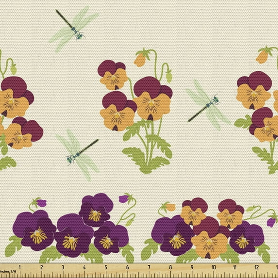 Ambesonne Dragonfly Fabric by the Yard Upholstery, Colorful Pansy Flowers, 2 Yards, Eggshell Multicolor