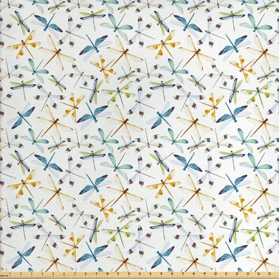 Ambesonne Colorful Fabric by the Yard Upholstery, Minimalist Dragonflies, 5 Yards, Multicolor
