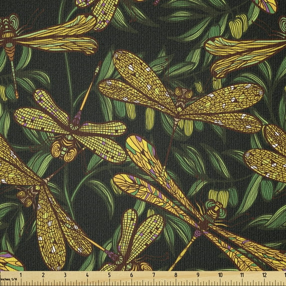 Dragonfly Fabric by The Yard, Pattern of Dragonflies and Green Olive Branches Mediterranean Nature Vibes, Stretch Knit Fabric for Clothing Sewing and Arts Crafts, 1 Yard, Dark Green, by Ambesonne