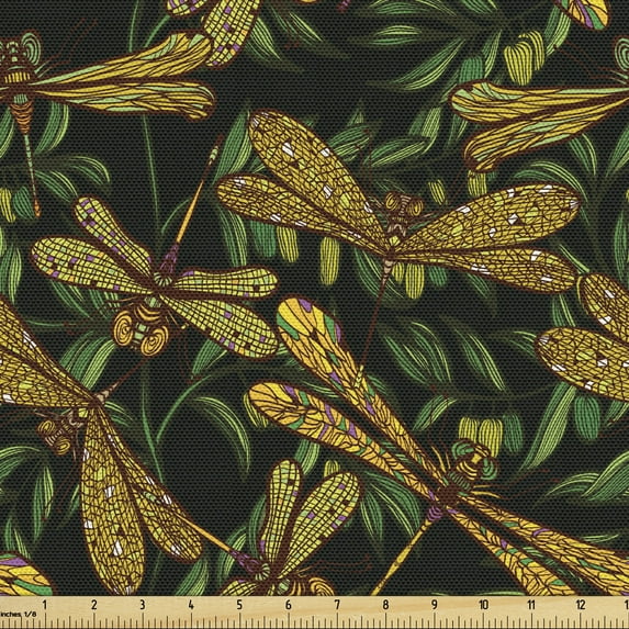 Ambesonne Dragonfly Fabric by the Yard Upholstery, Green Leaves, 1 Yard, Multicolor