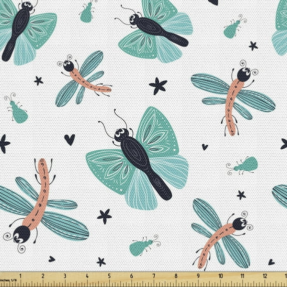 Dragonfly Fabric by the Yard, Repeating Pattern of Butterflies Heart Star in Pastel Tones, Decorative Upholstery Fabric for Sofas and Home Accents, Salmon Dark Seafoam and White by Ambesonne